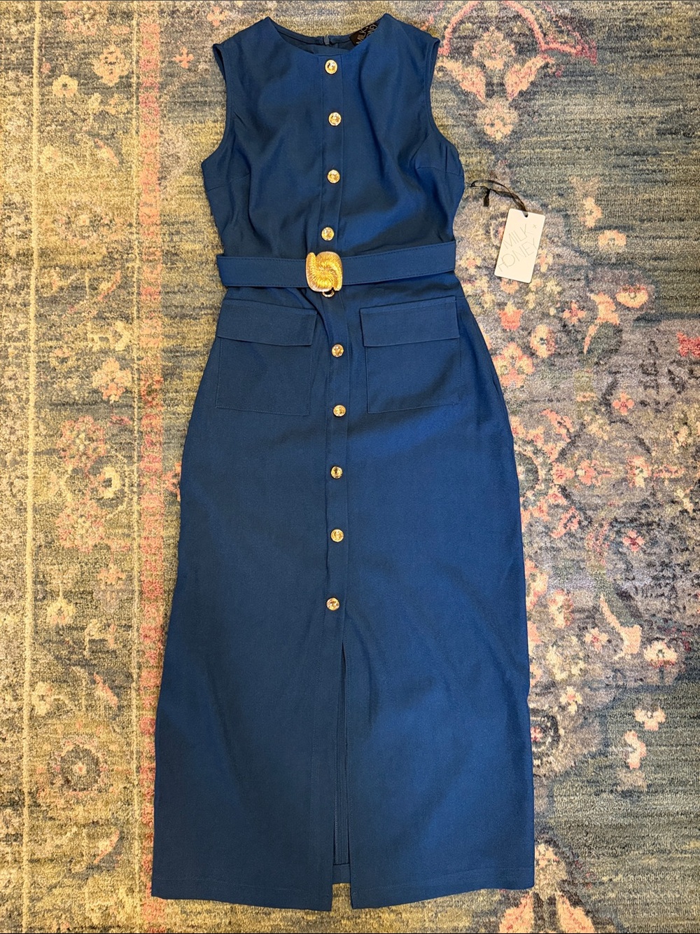 Sleeveless Navy Midi Dress with Gold Button Front and Waist Belt
